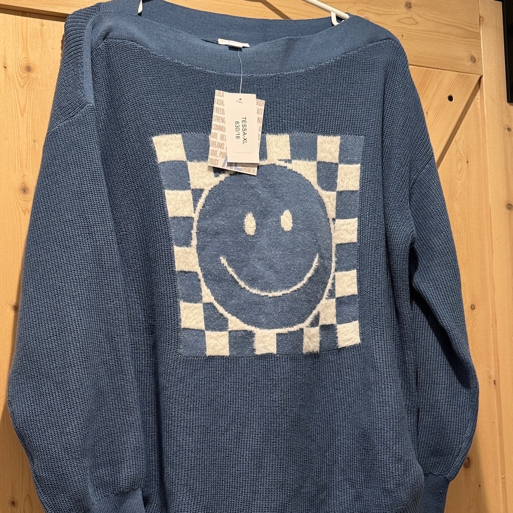 Lularoe Blue Sweater with Smiley Face Design-XL